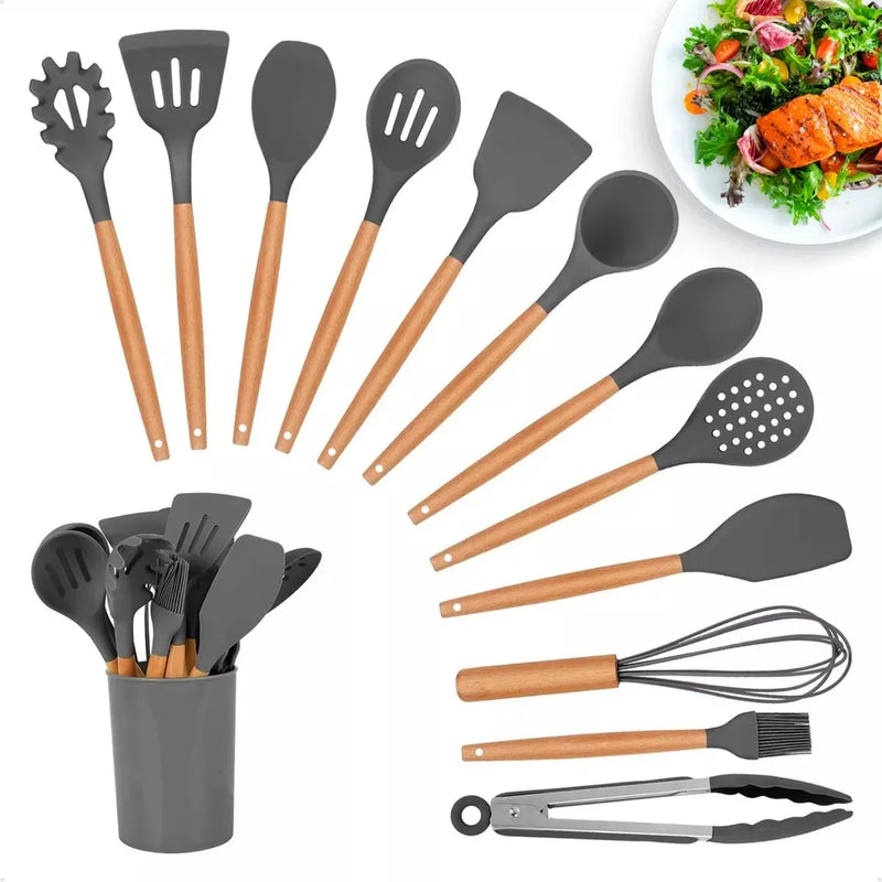 Kit de Utensílios de Cozinha em Silicone – 12 Peças (Colher, Espátula e Mais) com Suporte – Livre de BPA e Antiaderente