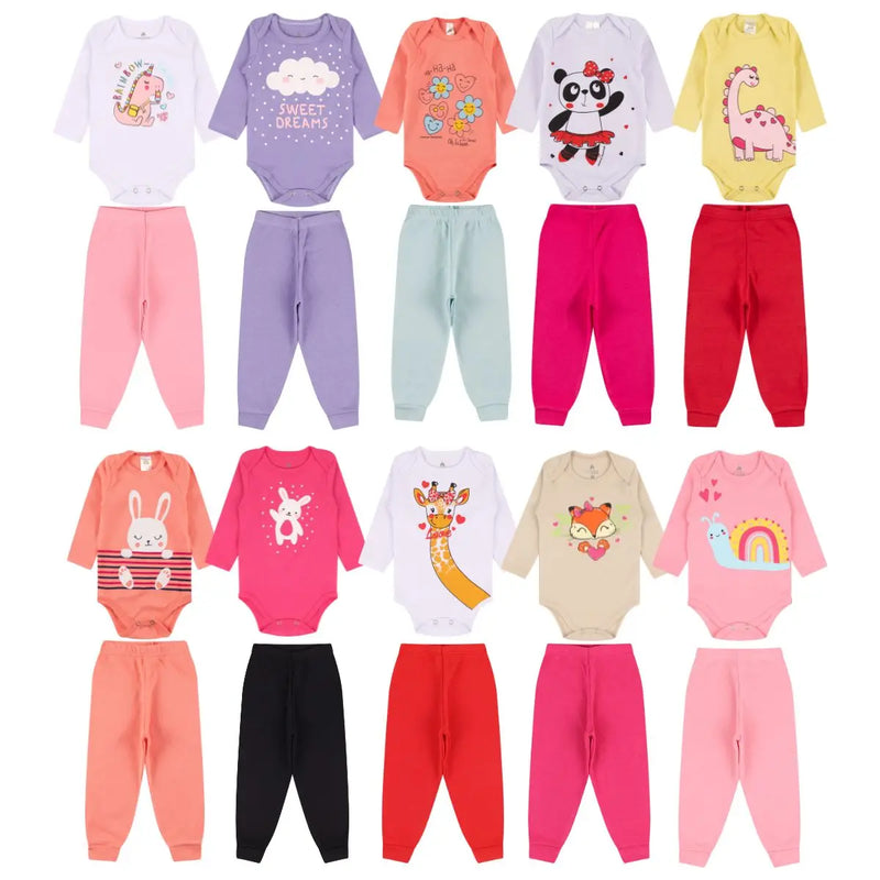 Kit de Roupas para Bebê Menina – 10 Peças (5 Bodys Longos + 5 Calças)
Conjunto Encantador de Roupas para Bebê