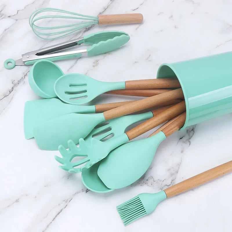 Kit de Utensílios de Cozinha em Silicone – 12 Peças (Colher, Espátula e Mais) com Suporte – Livre de BPA e Antiaderente