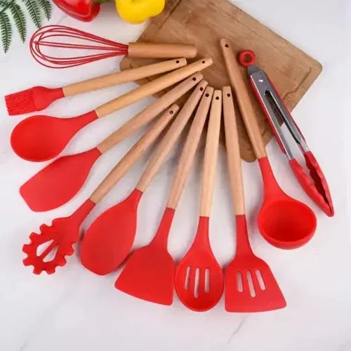 Kit de Utensílios de Cozinha em Silicone – 12 Peças (Colher, Espátula e Mais) com Suporte – Livre de BPA e Antiaderente