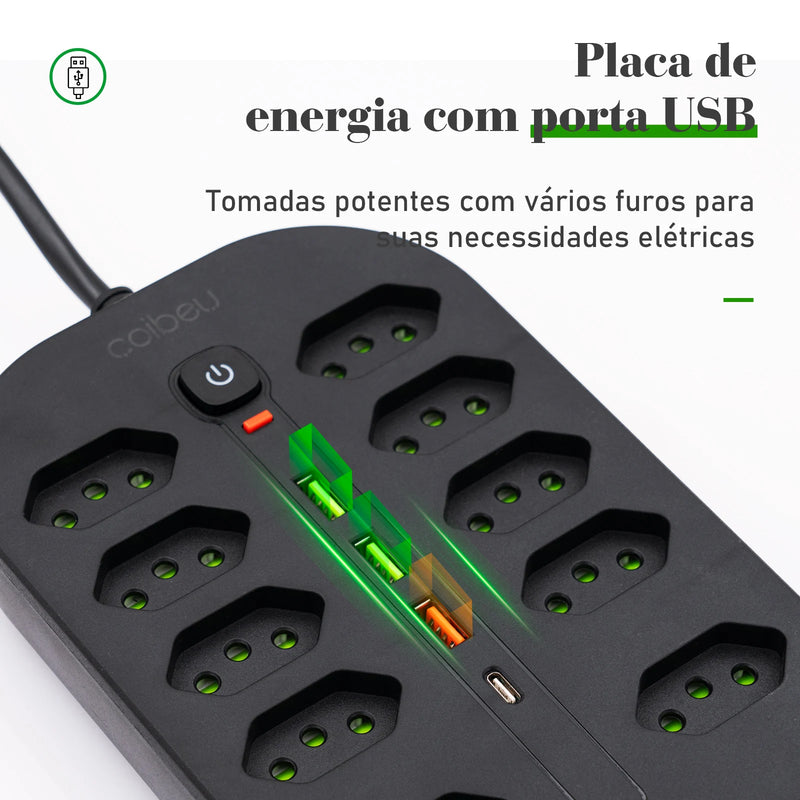 Extensão Elétrica 2M com 10 ou 6 Tomadas + USB Tipo-C e Proteção Contra Sobrecarga | Tomada de Parede Brasil com Interruptor Master e Cabo de Alta Qualidade