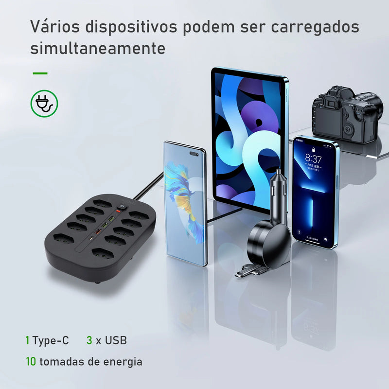 Extensão Elétrica 2M com 10 ou 6 Tomadas + USB Tipo-C e Proteção Contra Sobrecarga | Tomada de Parede Brasil com Interruptor Master e Cabo de Alta Qualidade