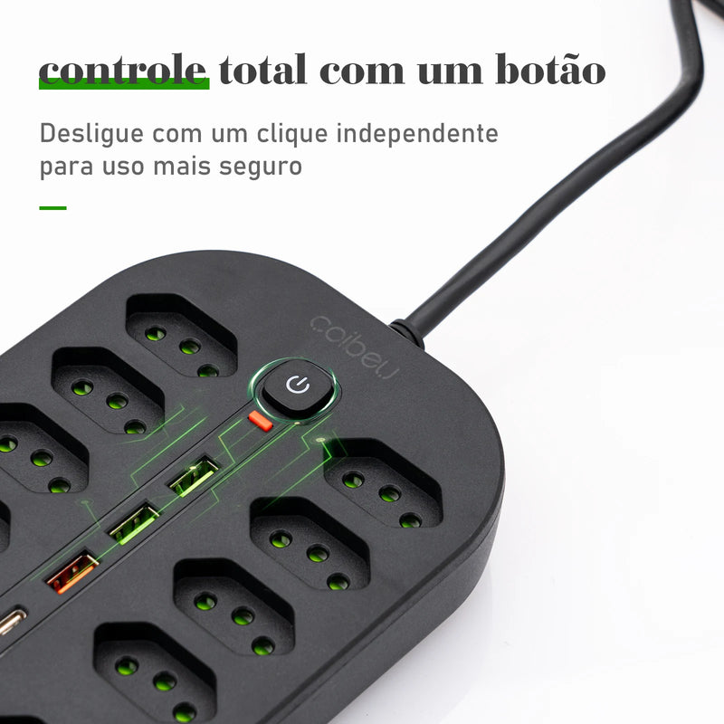 Extensão Elétrica 2M com 10 ou 6 Tomadas + USB Tipo-C e Proteção Contra Sobrecarga | Tomada de Parede Brasil com Interruptor Master e Cabo de Alta Qualidade