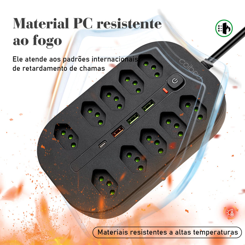 Extensão Elétrica 2M com 10 ou 6 Tomadas + USB Tipo-C e Proteção Contra Sobrecarga | Tomada de Parede Brasil com Interruptor Master e Cabo de Alta Qualidade