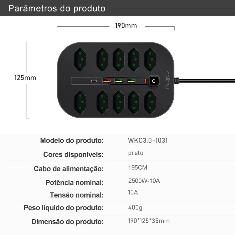 Extensão Elétrica 2M com 10 ou 6 Tomadas + USB Tipo-C e Proteção Contra Sobrecarga | Tomada de Parede Brasil com Interruptor Master e Cabo de Alta Qualidade