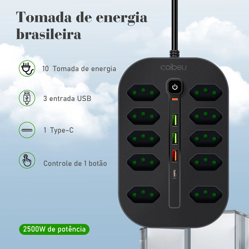 Extensão Elétrica 2M com 10 ou 6 Tomadas + USB Tipo-C e Proteção Contra Sobrecarga | Tomada de Parede Brasil com Interruptor Master e Cabo de Alta Qualidade